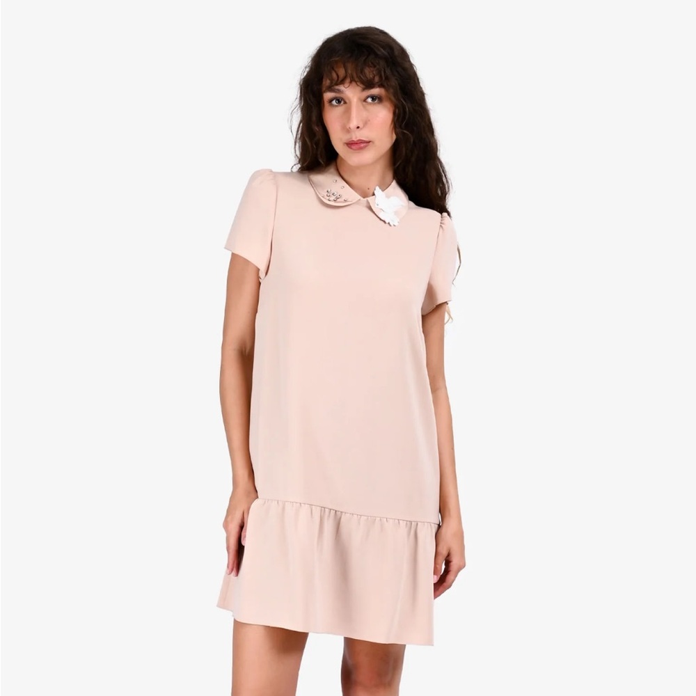 RED Valentino Fluid Crepe Embellishment Bird Peter Pan Collar Mini Dress